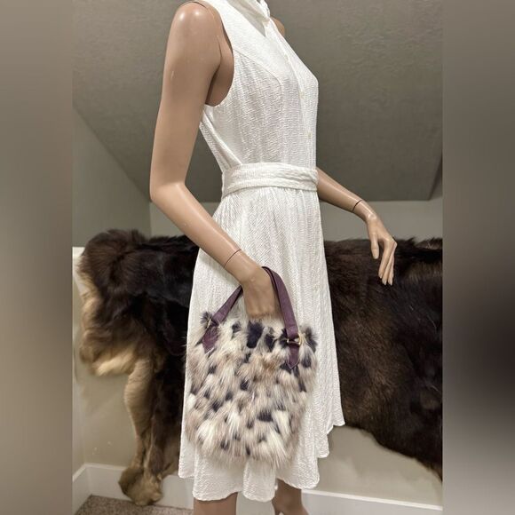 Colorblock Handmade Luxury Real Fox Fur & Leather Top Handles Satchel/Crossbody - Picture 11 of 16